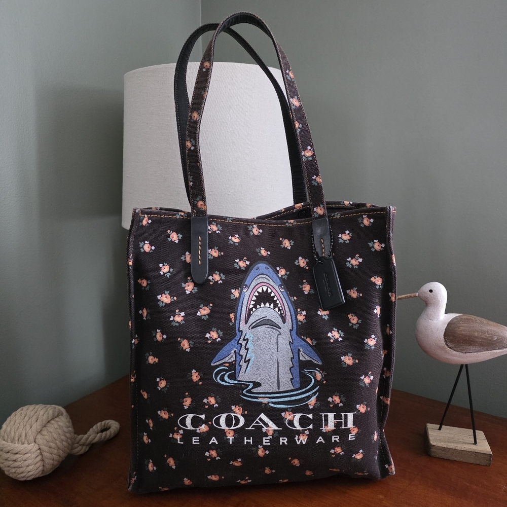 Coach 25113 Sharky Floral Tote Black Canvas Leather Bag